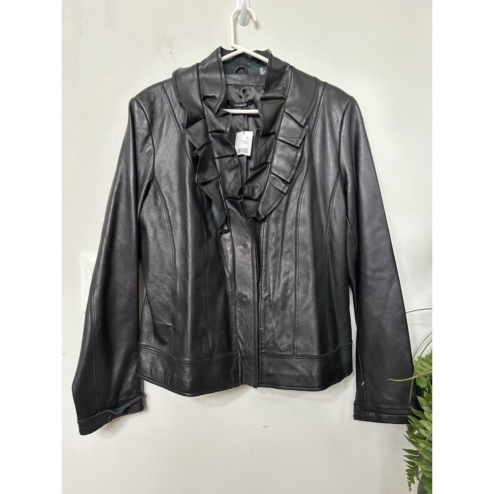 NWT Tahari Black Leather Jacket Ruffle Collar Moto Goth Coquette Whimsigoth XL - Picture 3 of 10